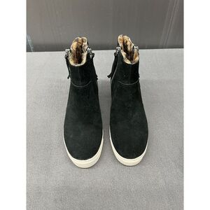 Steve Madden Sneakers Womens 7 Wedge‎ Black Zip Leather Faux Fur Leopard Shoes